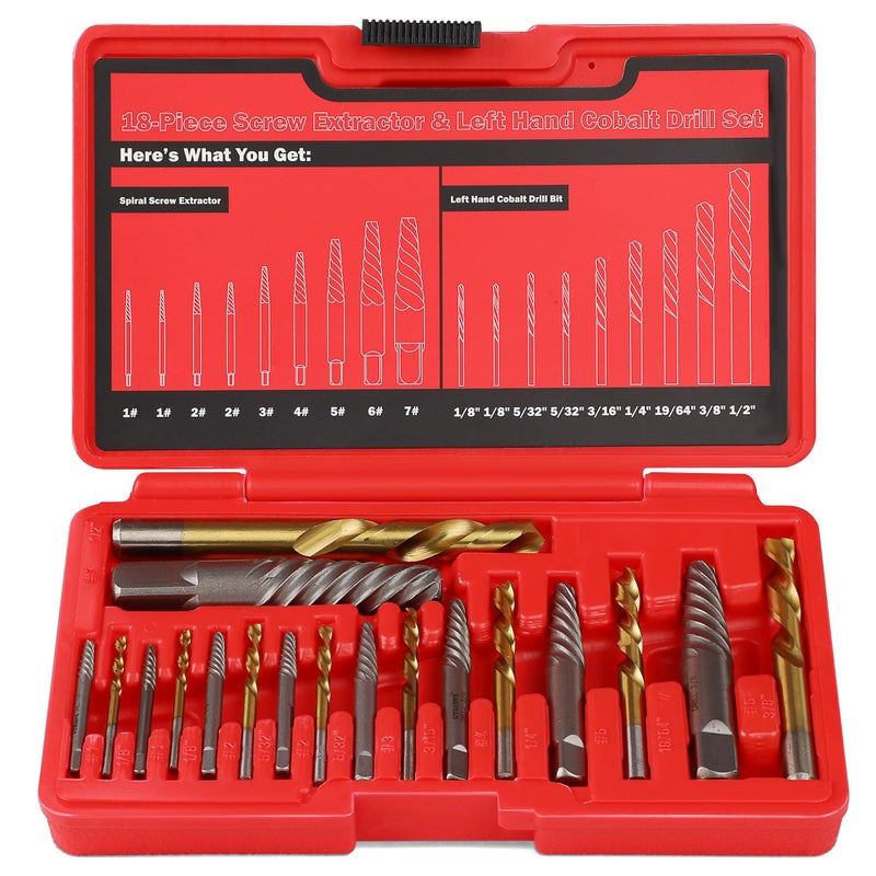 UYECOVE 18Pcs Screw Extractor Set and Left Hand Drill Bits Set  Easy Out Broken Bolt Remover Reverse 35#CR-MO 6542/4341 HSS Steel Cobalt  Bolt Extractor Kit for Removing Stripped Screws  Damaged Bolts - Image 1